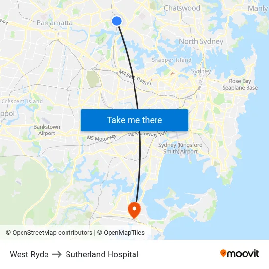 West Ryde to Sutherland Hospital map