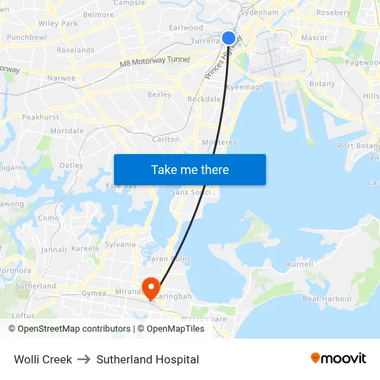Wolli Creek to Sutherland Hospital map