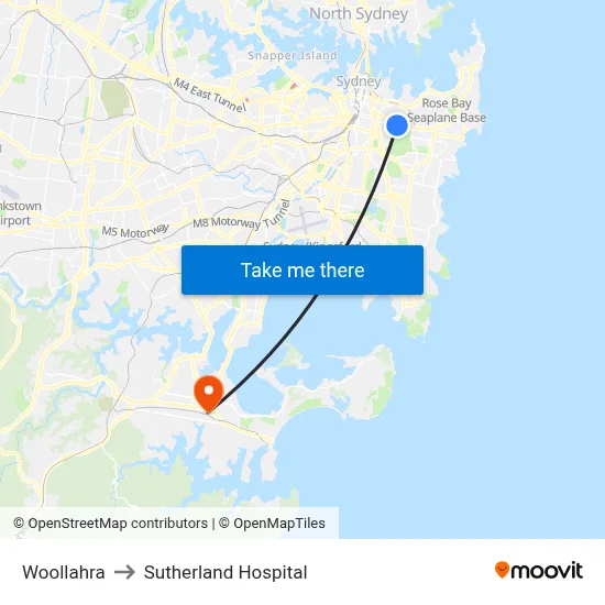 Woollahra to Sutherland Hospital map