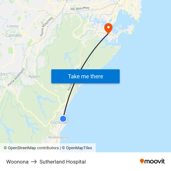Woonona to Sutherland Hospital map