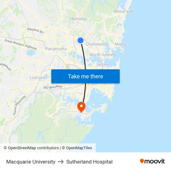 Macquarie University to Sutherland Hospital map