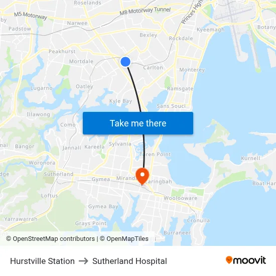 Hurstville Station to Sutherland Hospital map