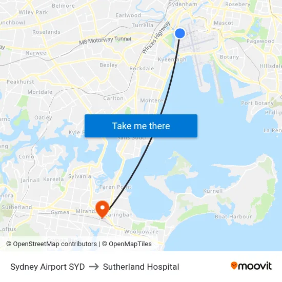 Sydney Airport SYD to Sutherland Hospital map