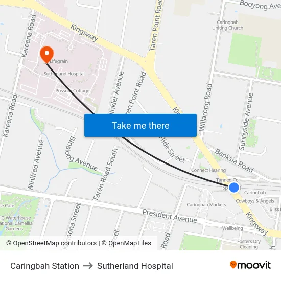 Caringbah Station to Sutherland Hospital map
