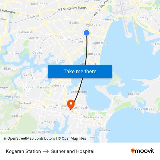 Kogarah Station to Sutherland Hospital map