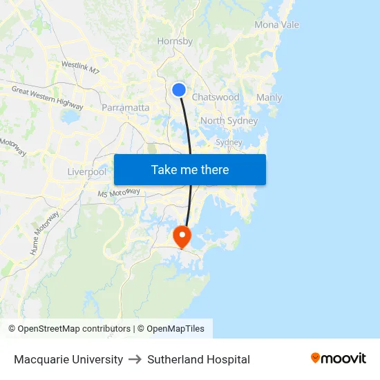 Macquarie University to Sutherland Hospital map