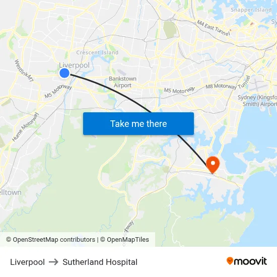 Liverpool to Sutherland Hospital map