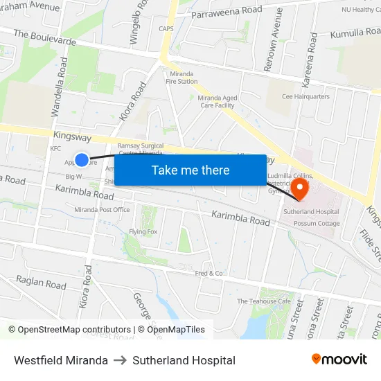 Westfield Miranda to Sutherland Hospital map