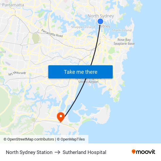 North Sydney Station to Sutherland Hospital map