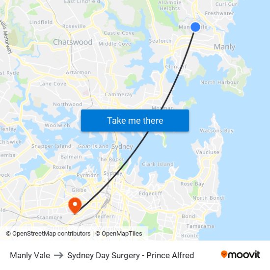 Manly Vale to Sydney Day Surgery - Prince Alfred map