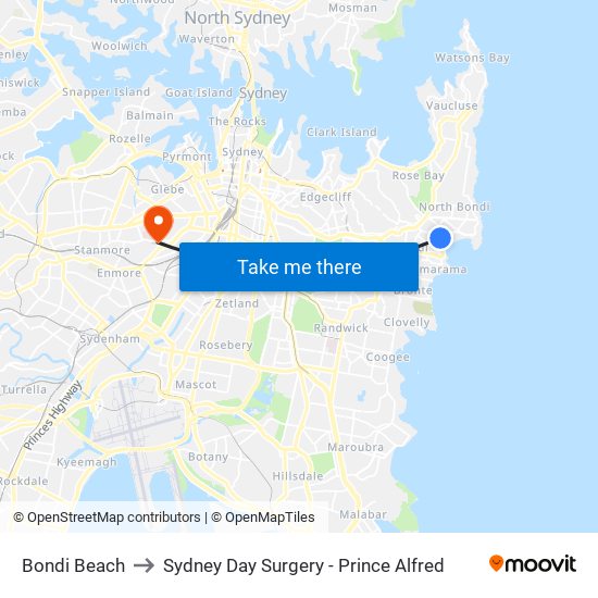 Bondi Beach to Sydney Day Surgery - Prince Alfred map