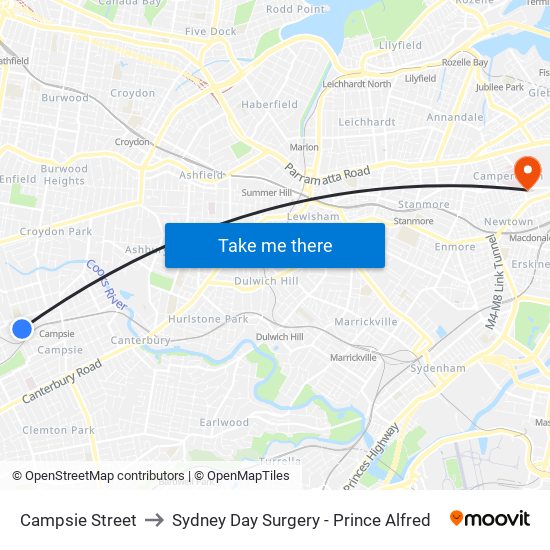 Campsie Street to Sydney Day Surgery - Prince Alfred map