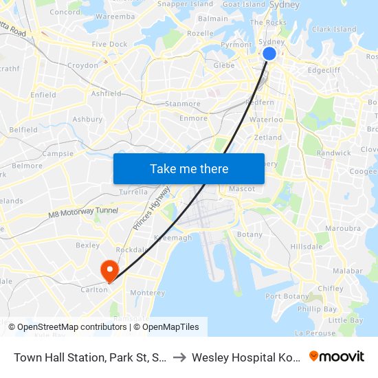 Town Hall Station, Park St, Stand G to Wesley Hospital Kogarah map