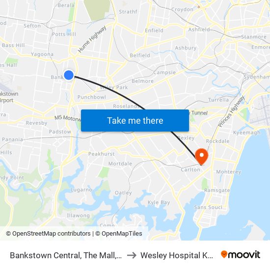 Bankstown Central, The Mall, Stand C to Wesley Hospital Kogarah map