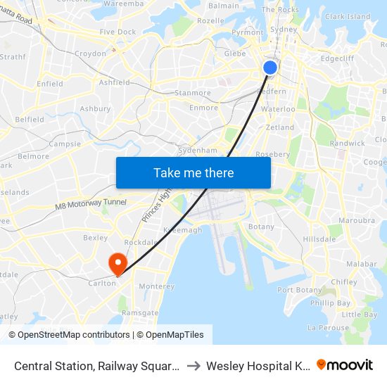 Central Station, Railway Square, Stand M to Wesley Hospital Kogarah map