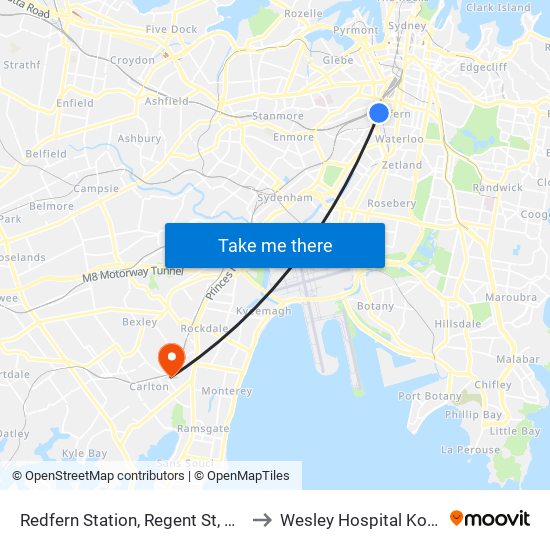 Redfern Station, Regent St, Stand C to Wesley Hospital Kogarah map