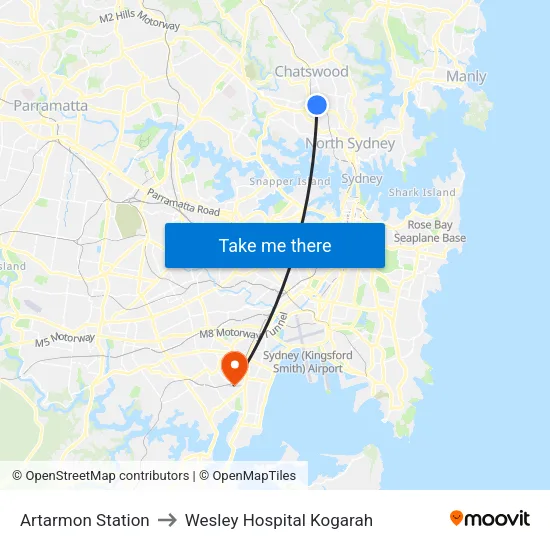 Artarmon Station to Wesley Hospital Kogarah map