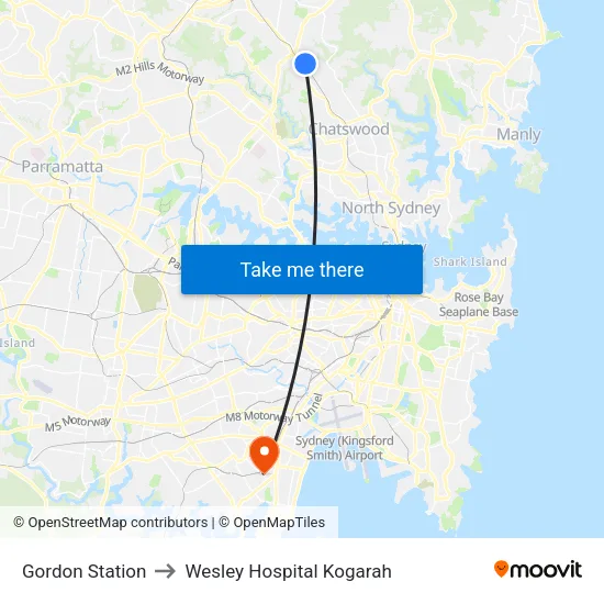 Gordon Station to Wesley Hospital Kogarah map