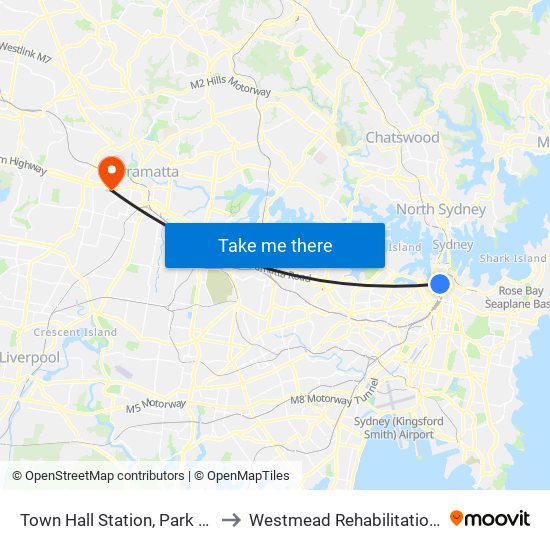 Town Hall Station, Park St, Stand J to Westmead Rehabilitation Hospital map