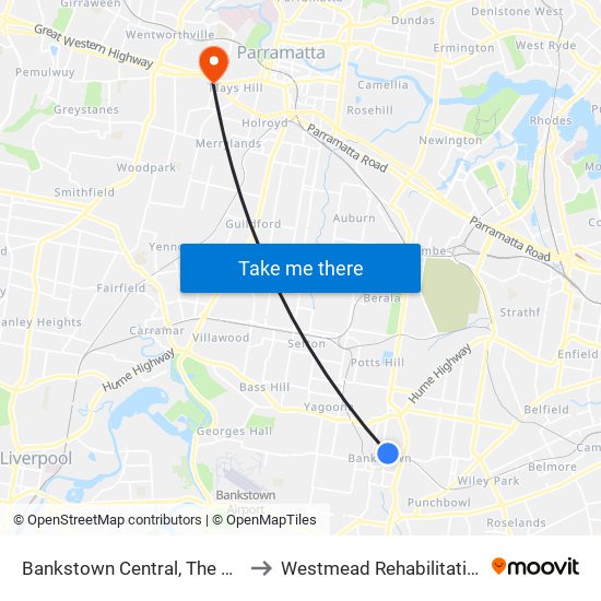 Bankstown Central, The Mall, Stand C to Westmead Rehabilitation Hospital map
