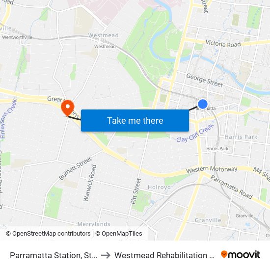 Parramatta Station, Stand A3 to Westmead Rehabilitation Hospital map