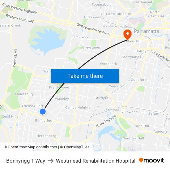 Bonnyrigg T-Way to Westmead Rehabilitation Hospital map