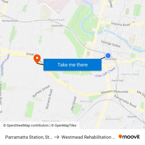 Parramatta Station, Stand A2 to Westmead Rehabilitation Hospital map
