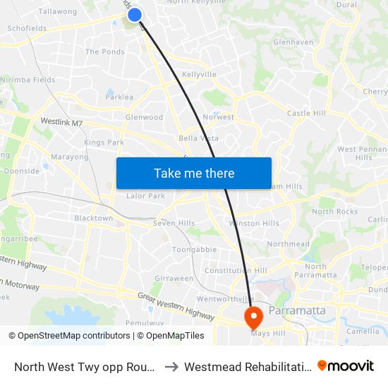 North West Twy opp Rouse Hill Station to Westmead Rehabilitation Hospital map