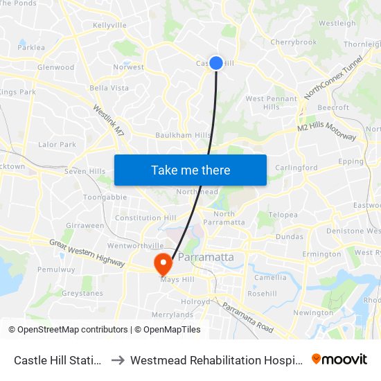 Castle Hill Station to Westmead Rehabilitation Hospital map