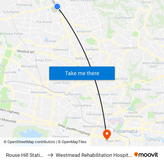 Rouse Hill Station to Westmead Rehabilitation Hospital map