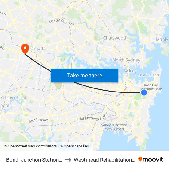 Bondi Junction Station, Stand J to Westmead Rehabilitation Hospital map