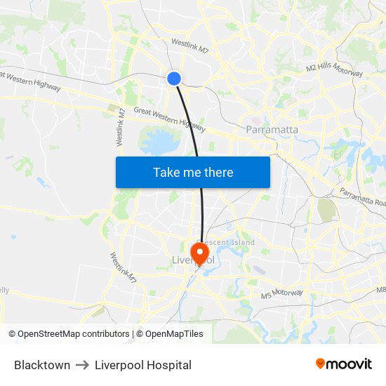 Blacktown to Liverpool Hospital map
