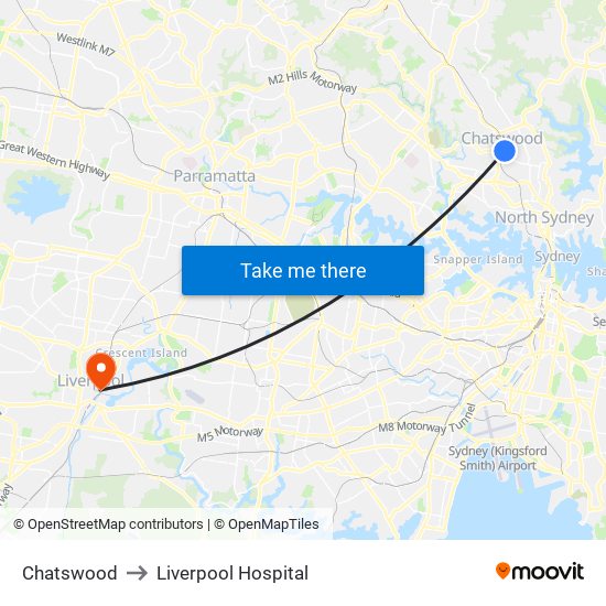 Chatswood to Liverpool Hospital map