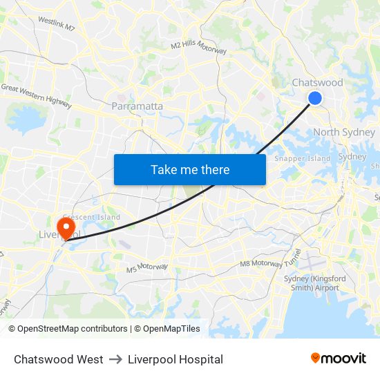 Chatswood West to Liverpool Hospital map