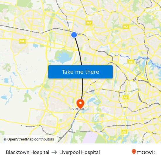 Blacktown Hospital to Liverpool Hospital map