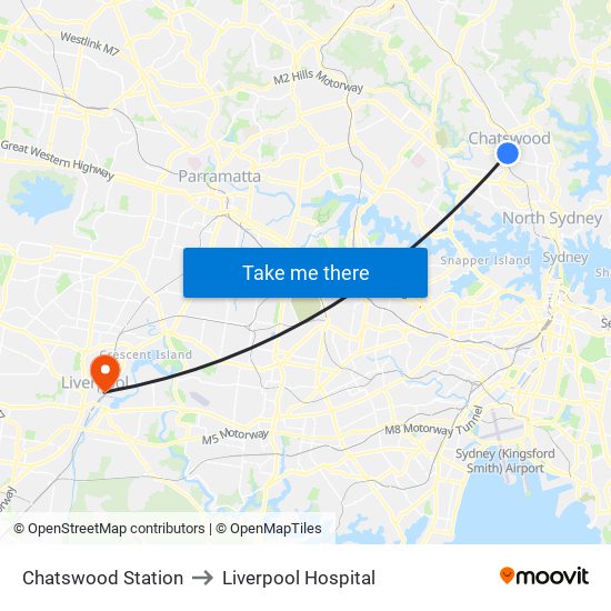 Chatswood Station to Liverpool Hospital map