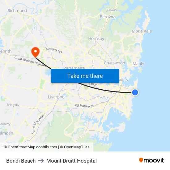 Bondi Beach to Mount Druitt Hospital map