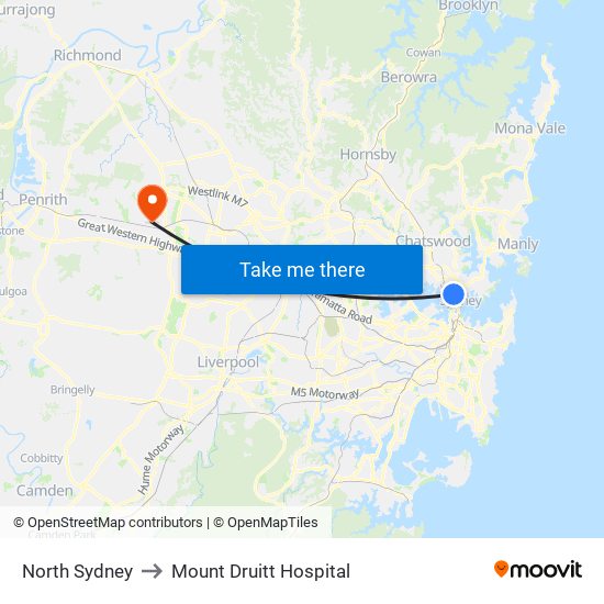 North Sydney to Mount Druitt Hospital map