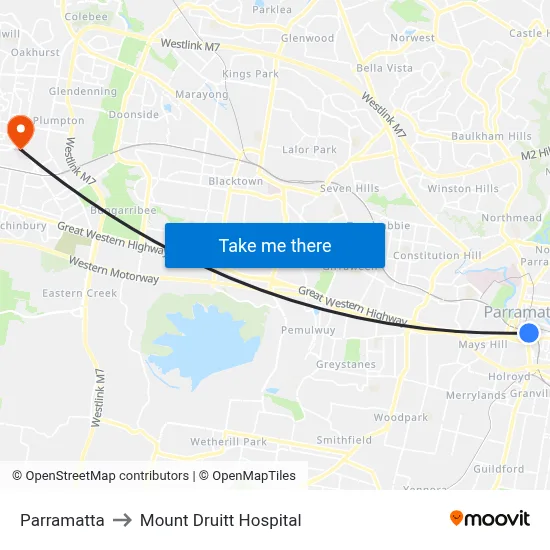 Parramatta to Mount Druitt Hospital map