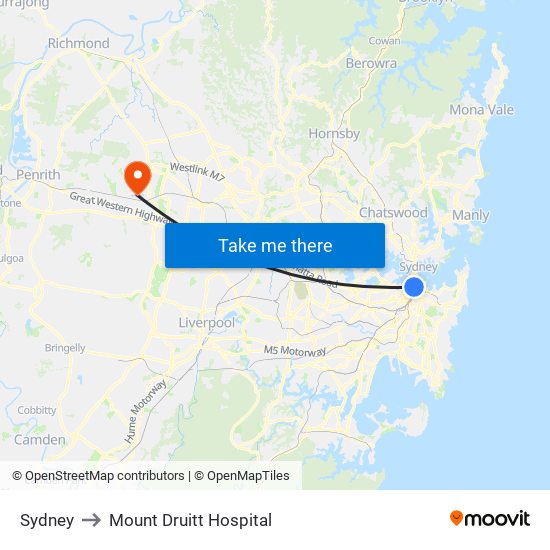 Sydney to Mount Druitt Hospital map