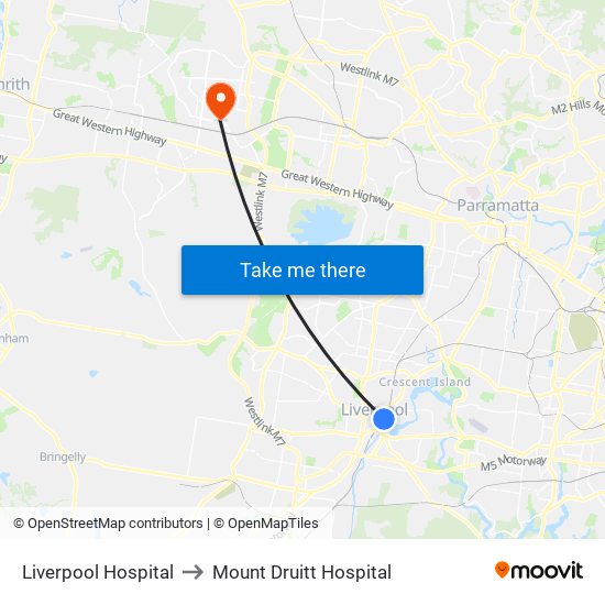 Liverpool Hospital to Mount Druitt Hospital map