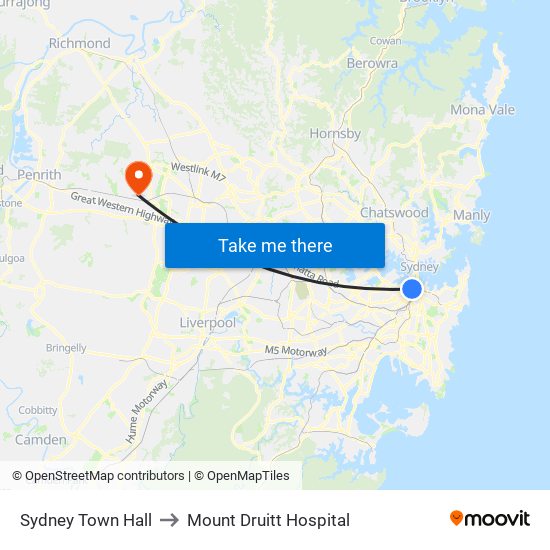 Sydney Town Hall to Mount Druitt Hospital map