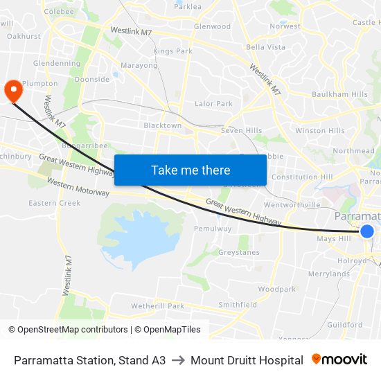 Parramatta Station, Stand A3 to Mount Druitt Hospital map