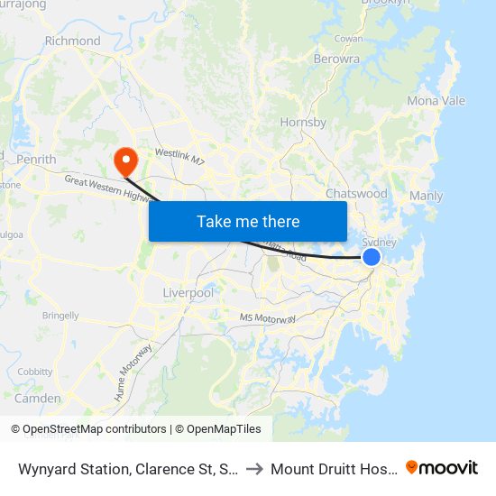 Wynyard Station, Clarence St, Stand R to Mount Druitt Hospital map