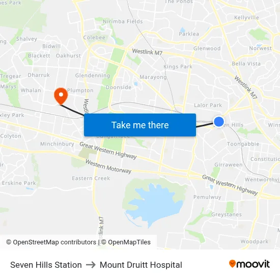 Seven Hills Station to Mount Druitt Hospital map
