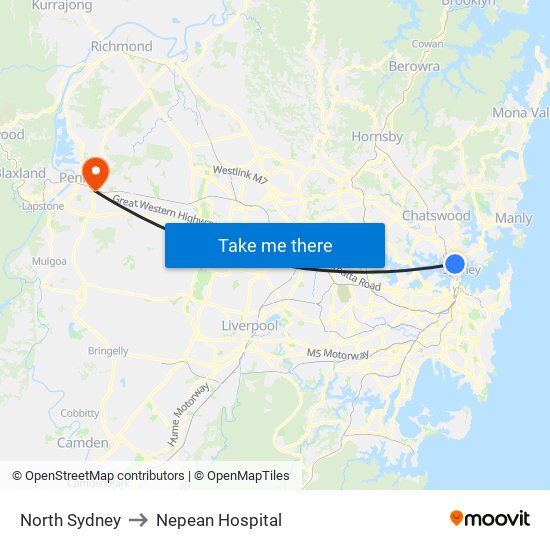 North Sydney to Nepean Hospital map