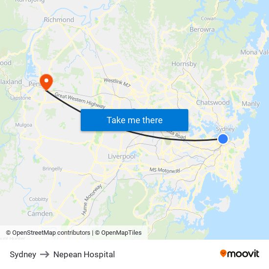 Sydney to Nepean Hospital map