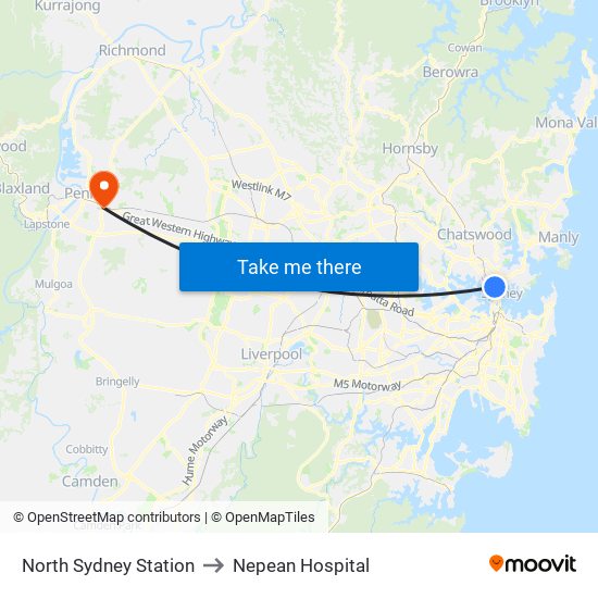 North Sydney Station to Nepean Hospital map