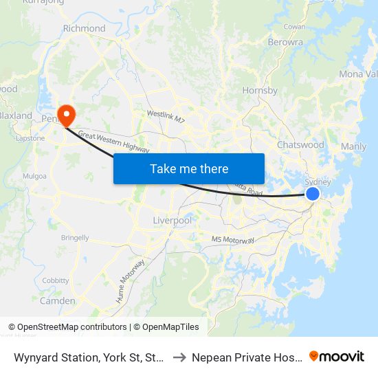 Wynyard Station, York St, Stand G to Nepean Private Hospital map