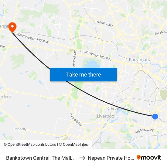 Bankstown Central, The Mall, Stand C to Nepean Private Hospital map